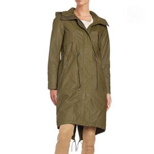 Alice + Olivia Coated Long Parka Coat   Hood Sz M Green Cabincore Fisherman